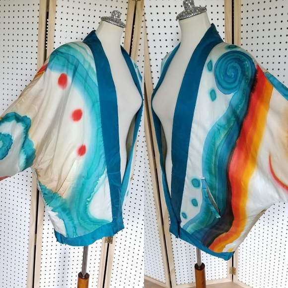 -Vintage 80s Hand Painted Silk Jacket Abstract - Picture 5 of 10